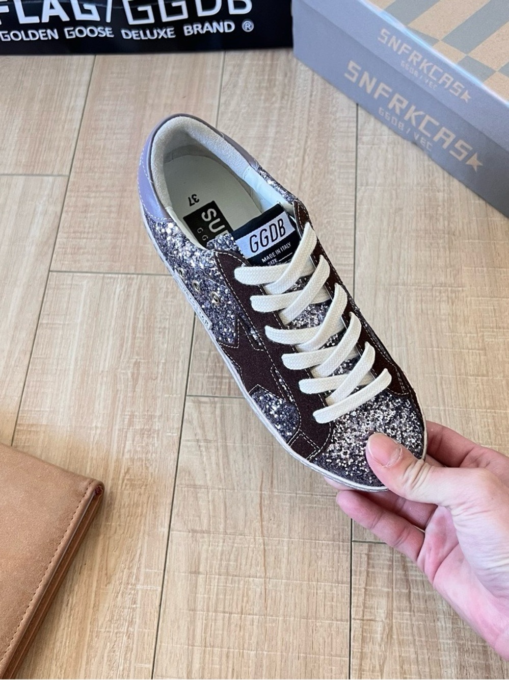 Golden Goose Silver Glitter Sneakers with Brown Star Trim - Picture 5 of 8